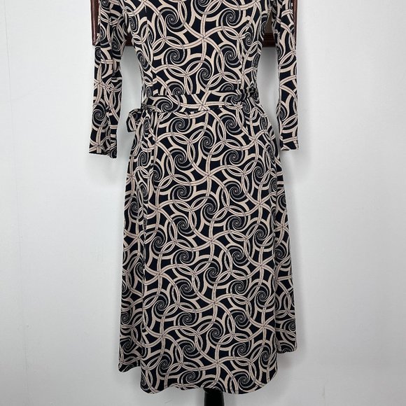 London Times Wrap Around Dress Women's 8 Black Brown Abstract Spiral Party - Picture 5 of 16